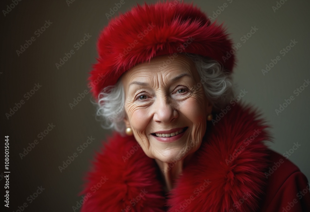 A smiling senior woman in a red fur coat and hat A smiling senior woman in a red fur coat and hat