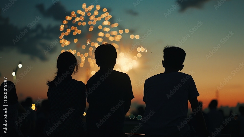 Fototapeta premium Silhouettes of People Watching Fireworks