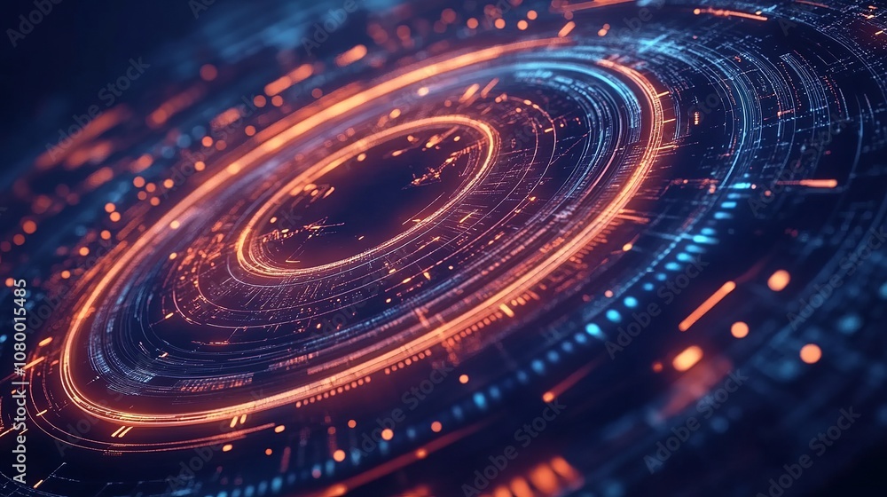 Abstract futuristic HUD background features glowing lines, concentric circles, and light particles. This high-tech vector illustration is perfect for sci-fi concepts, tech presentations, Abstract futuristic HUD background features glowing lines, concentric circles, and light particles. This high-tech vector illustration is perfect for sci-fi concepts, tech presentations,