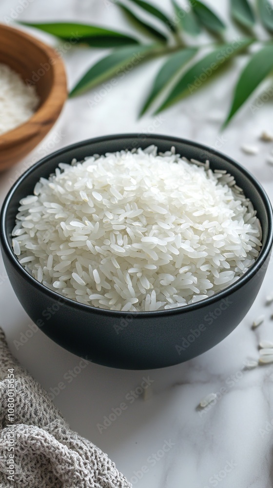Abstract Marketing Background Featuring Mature Crops and Abundance in Autumn. This Design Showcases a Simple Black Bowl Filled with Glutinous Rice on a White Marble Table, Symbolizing Harvest and Agri Abstract Marketing Background Featuring Mature Crops and Abundance in Autumn. This Design Showcases a Simple Black Bowl Filled with Glutinous Rice on a White Marble Table, Symbolizing Harvest and Agri