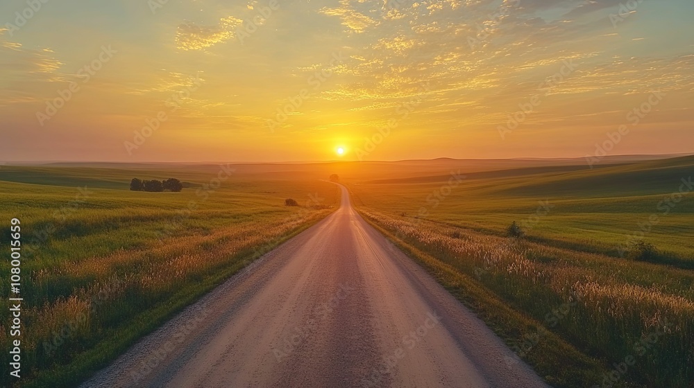 A winding road through a field at sunset A winding road through a field at sunset