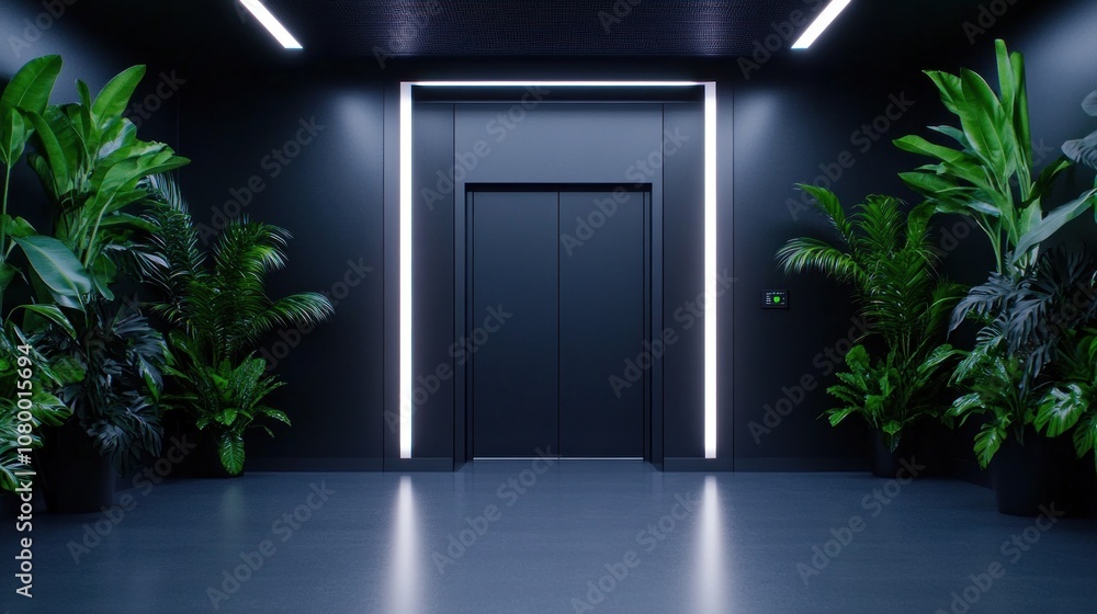 Modern elevator lobby with plants and ambient lighting. Modern elevator lobby with plants and ambient lighting.