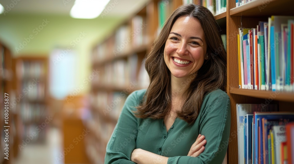 A teacher smiles while leaning against a bookshelf in a classroom, representing approachability, encouragement, and the warmth educators bring to foster student confidence A teacher smiles while leaning against a bookshelf in a classroom, representing approachability, encouragement, and the warmth educators bring to foster student confidence