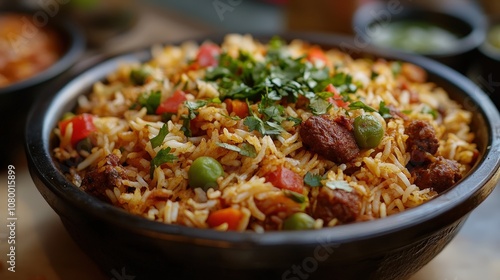 A vibrant bowl of flavorful rice combined with fresh vegetables and tender meat, perfect for a hearty meal or special occasion.