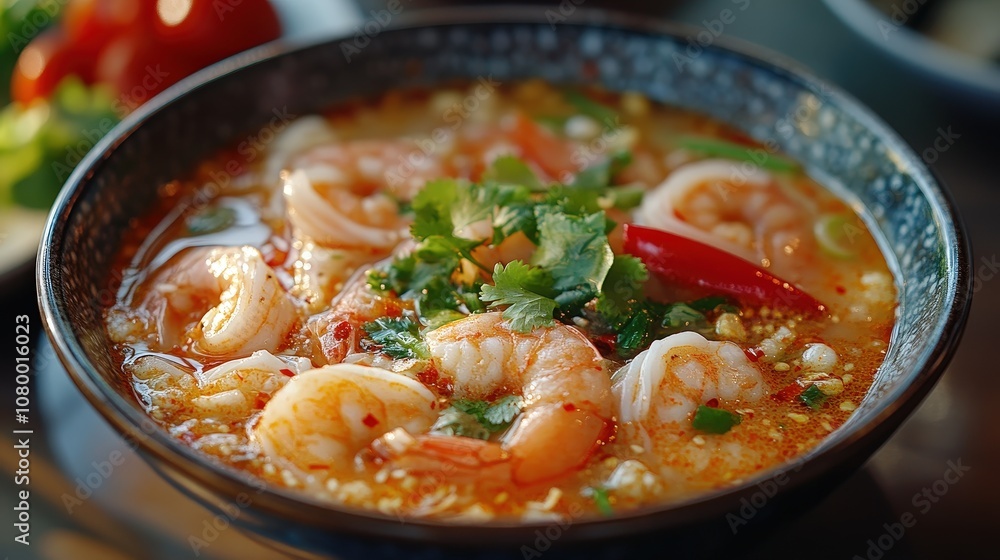 A vibrant bowl of shrimp soup garnished with herbs and spices, showcasing rich flavors and fresh ingredients. A vibrant bowl of shrimp soup garnished with herbs and spices, showcasing rich flavors and fresh ingredients.