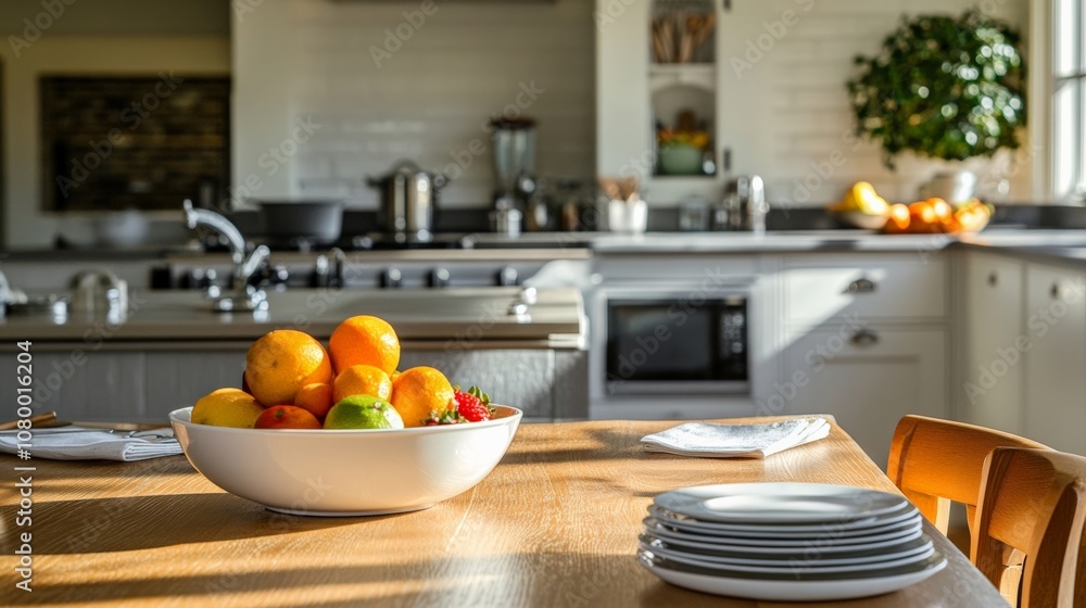 Bright Kitchen with Fresh Fruits in a Bowl on a Wooden Table in a Warm and Inviting Home Environment Bright Kitchen with Fresh Fruits in a Bowl on a Wooden Table in a Warm and Inviting Home Environment