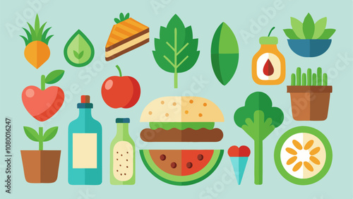 Vegan food and plant elements collection for design and decoration