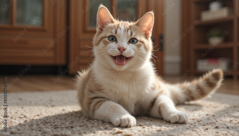appy orange tabby cat lying on a carpet with a joyful expression in a warm home atmosphere appy orange tabby cat lying on a carpet with a joyful expression in a warm home atmosphere