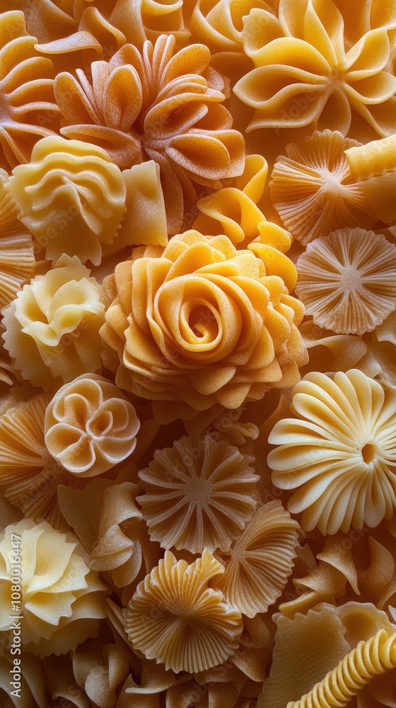 A vibrant collection of decorative pasta shaped like flowers and intricate designs. Ideal for food photography and culinary art. A vibrant collection of decorative pasta shaped like flowers and intricate designs. Ideal for food photography and culinary art.