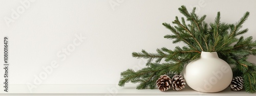 A white vase filled with evergreen branches sits on a white surface, accented by pine cones photo