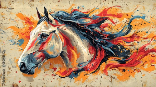 A vibrant, colorful abstract painting of a horse's head with a flowing mane. photo