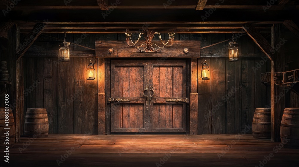 Rustic Old Wooden Door in Dark Room with Lanterns, Barrels, and Cozy Atmosphere Rustic Old Wooden Door in Dark Room with Lanterns, Barrels, and Cozy Atmosphere