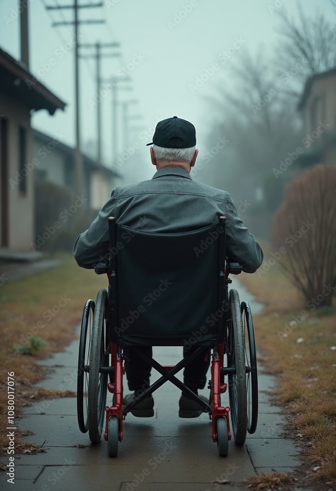 Obraz premium A vibrant wheelchair positioned behind a veteran in a desolate garden, evoking feelings of loneliness and sadness