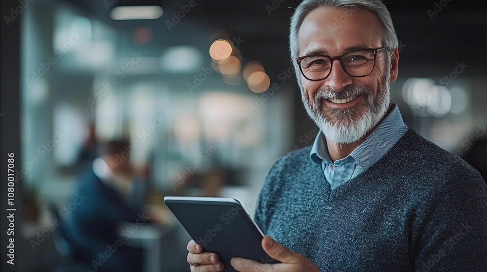 Smiling Man with Gray Hair and Glasses Holding a Tablet in an Office Setting Smiling Man with Gray Hair and Glasses Holding a Tablet in an Office Setting