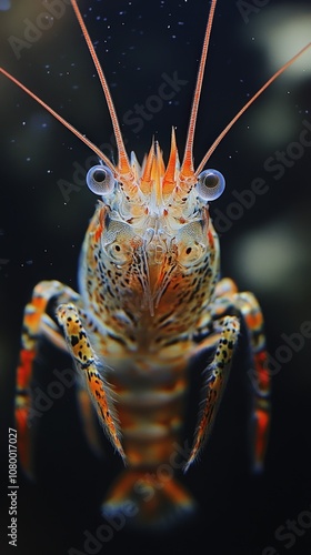 A vibrant lobster with striking colors and unique features, captured underwater, showcasing marine life beauty. photo