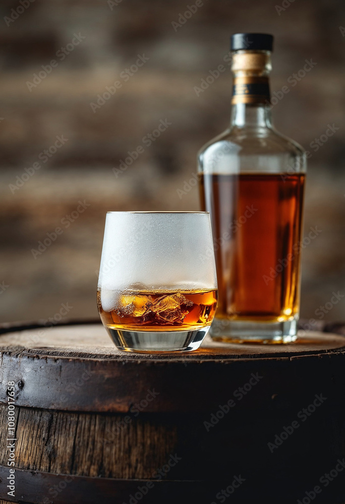 Frosted whisky glass and bottle on a rustic barrel, ideal for branding. Frosted whisky glass and bottle on a rustic barrel, ideal for branding.