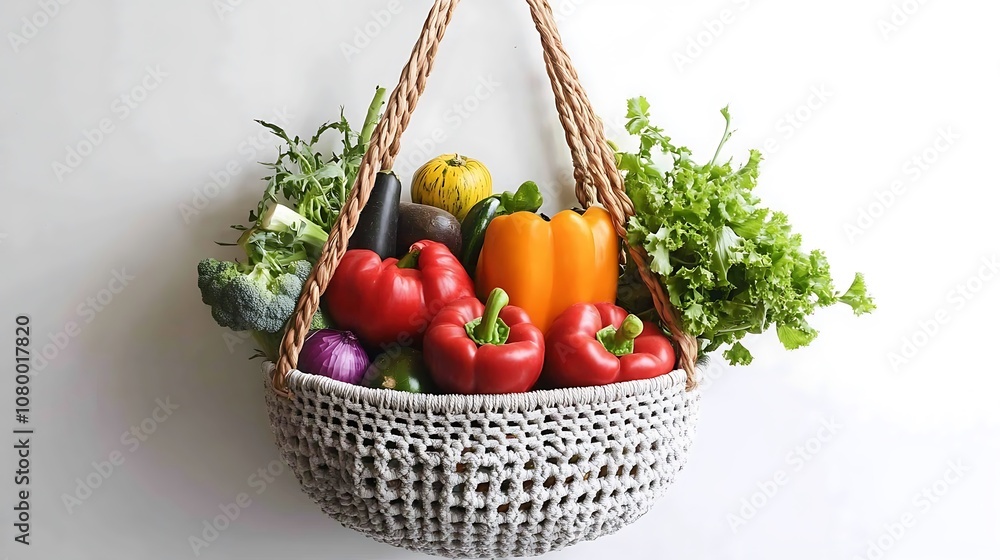 A white woven basket hangs from a rope, filled with fresh produce, including red and orange peppers, broccoli, zucchini, and lettuce. A white woven basket hangs from a rope, filled with fresh produce, including red and orange peppers, broccoli, zucchini, and lettuce.
