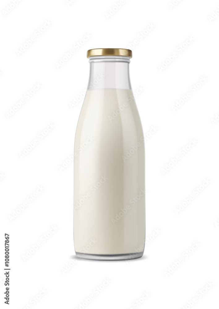 Milk in a glass bottle with a golden cap, isolated on a white background. Milk in a glass bottle with a golden cap, isolated on a white background.
