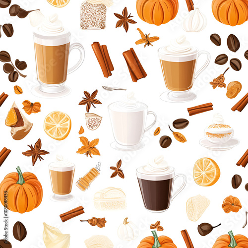 pumpkin spice latte seamless pattern coffee bariste ingredients background repeatable texture photo