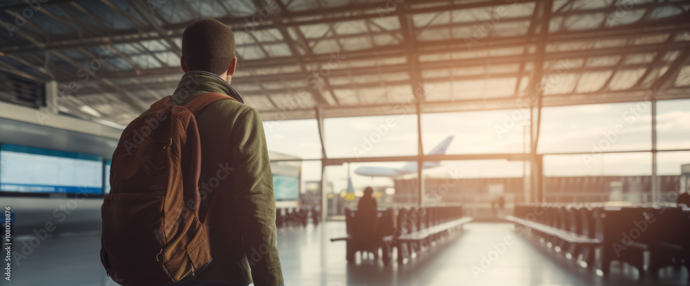 Traveler Observing Flight Activity at an Airport Terminal with a Modern Glass Architecture and Natural Light Streaming In Traveler Observing Flight Activity at an Airport Terminal with a Modern Glass Architecture and Natural Light Streaming In