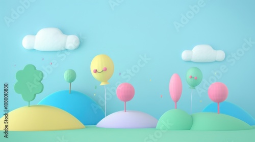 Cute Cartoon Landscape with Balloons and Clouds