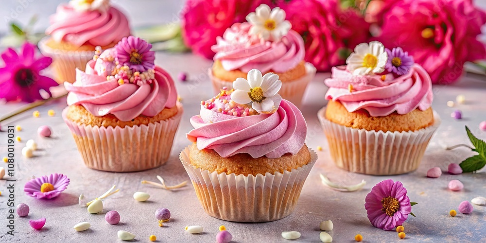 Close-up Panoramic Photography of Pink Cupcakes with Frosting, Delicious Treats, Sweet Desserts, Baking, Party Food, Confectioneries, Colorful Cupcake Display, Gourmet Bakery Items, Tasty Pastries Close-up Panoramic Photography of Pink Cupcakes with Frosting, Delicious Treats, Sweet Desserts, Baking, Party Food, Confectioneries, Colorful Cupcake Display, Gourmet Bakery Items, Tasty Pastries