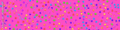 Bright pink glaze with rainbow heart, circle and dash form sprinkles as a seamless patern. Cute party bg with confetti. Ice cream and bakery topping. Holiday vector illustration