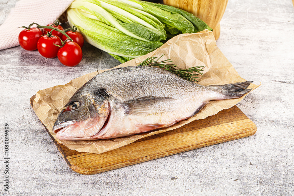 Raw dorada fish served rosemary