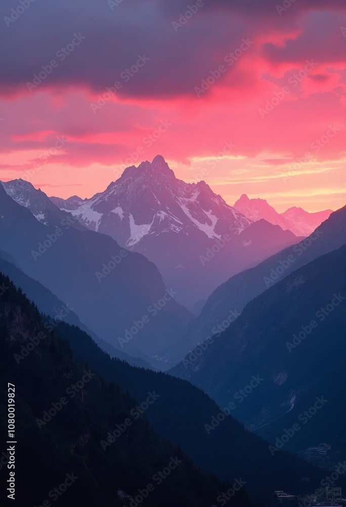 Fototapeta premium Breathtaking dawn landscape showcasing vibrant mountain hues majestic sky