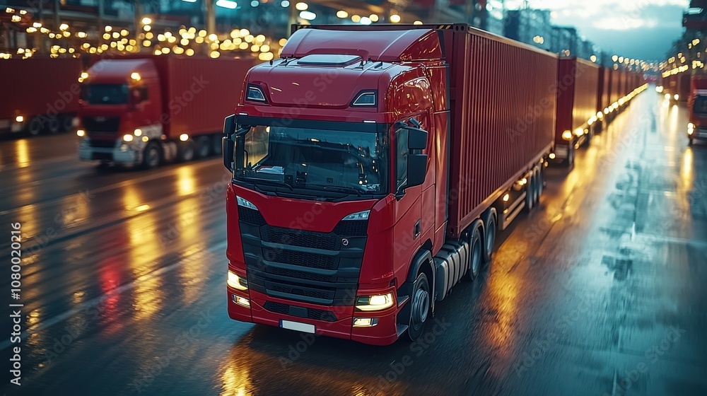 Red truck navigating a bustling shipping yard at dusk, surrounded by illuminated cargo containers and other vehicles Red truck navigating a bustling shipping yard at dusk, surrounded by illuminated cargo containers and other vehicles