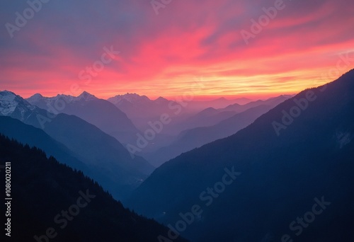 Breathtaking dawn landscape showcasing vibrant mountain hues majestic sky