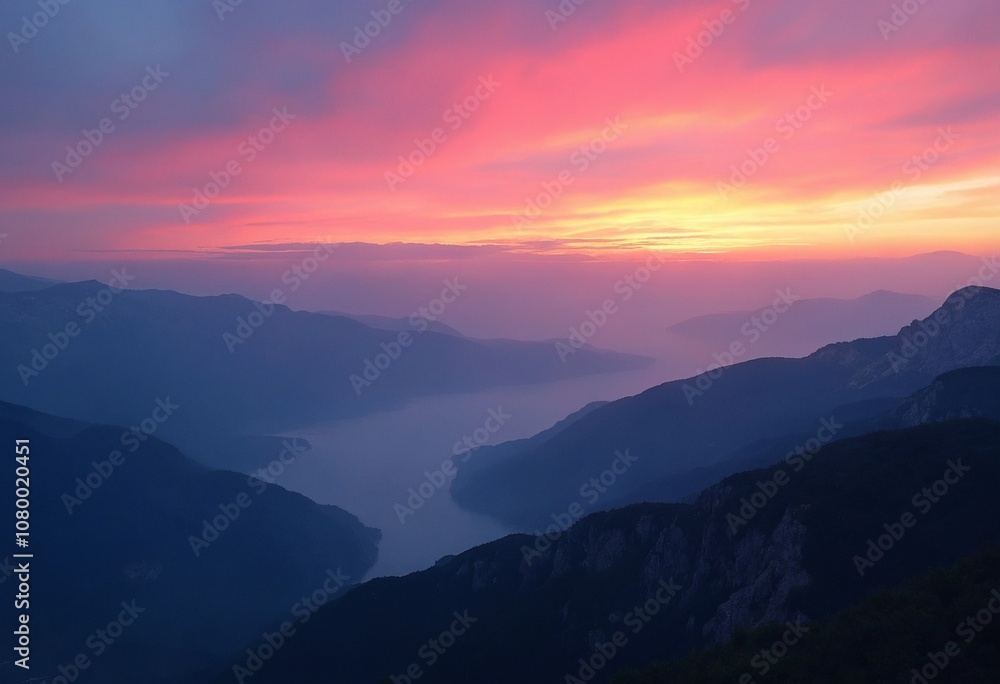Fototapeta premium Breathtaking dawn landscape showcasing vibrant mountain hues majestic sky
