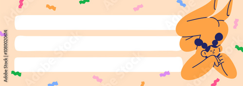 Blank notepad page design. Horizontal sheet with colorful elements, cute girl...