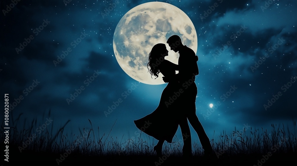 A couple dances under a glowing full moon in a peaceful field, creating a romantic atmosphere during a clear night A couple dances under a glowing full moon in a peaceful field, creating a romantic atmosphere during a clear night