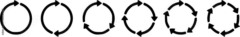 Circle arrow icon set. Symbol of reload, refresh, loading, recycle and repeat. Interconnecting round arrow vector icons set. One, two, three, four, five, six arrow in the loop. Circle arrow icon set. Symbol of reload, refresh, loading, recycle and repeat. Interconnecting round arrow vector icons set. One, two, three, four, five, six arrow in the loop.