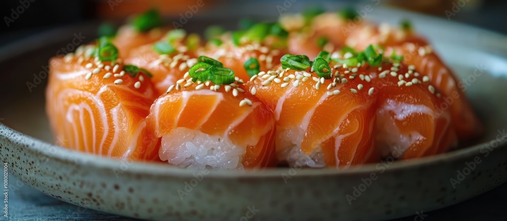 Close up of fresh salmon sushi nigiri on a gray plate, garnished with sesame seeds and green onions. Close up of fresh salmon sushi nigiri on a gray plate, garnished with sesame seeds and green onions.