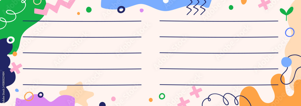 Notebook page design. Blank background with abstract shapes, colorful doodle elements, creative decoration, empty horizontal lines for writing. Notepad paper template. Flat vector illustration