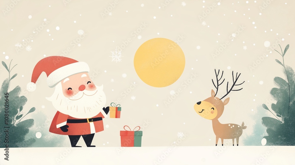 cute cartoon nursery illustration, tiny Santa Claus give a gift to a reindeer in Christmas night cute cartoon nursery illustration, tiny Santa Claus give a gift to a reindeer in Christmas night