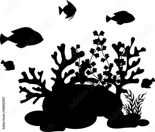 Coral And Seaweed With Fish Silhouette