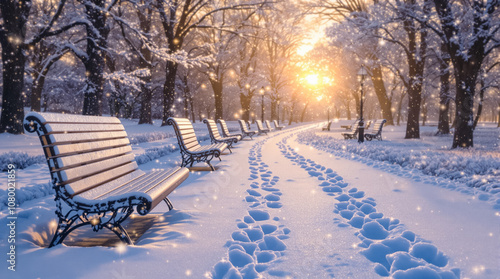 Footprints lead through a serene park blanketed in snow, with benches lining the path as sunlight breaks through trees