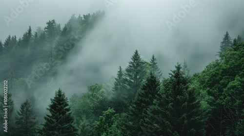 Misty Green Forest Landscape in the Morning