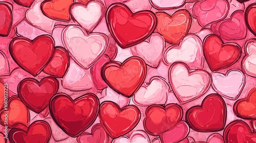 Red love heart seamless pattern illustration, cute romantic pink hearts background print, valentine’s day holiday backdrop texture, romantic wedding design