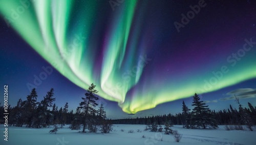 Wallpaper Mural Aurora borealis over a forest vibrant green and purple lignts , AI Generated Torontodigital.ca