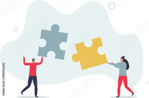 Business partners teamwork with two jigsaw puzzle pieces .flat characters.