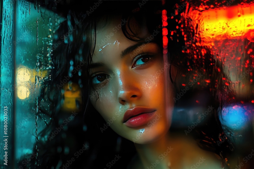 Woman's Face Seen Through a Wet Window Pane Woman's Face Seen Through a Wet Window Pane
