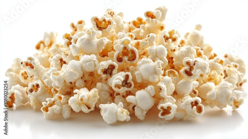 A pile of freshly popped popcorn scattered on a white surface, perfect for movie night or snacking anytime