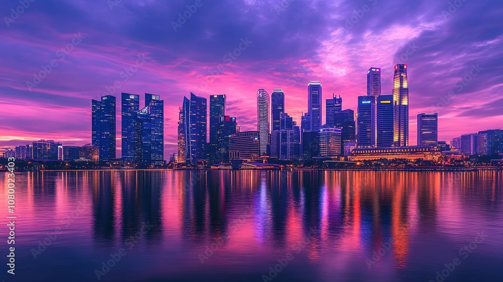 Fototapeta premium City Skyline Reflected in a Pink and Purple Sunset Over Water