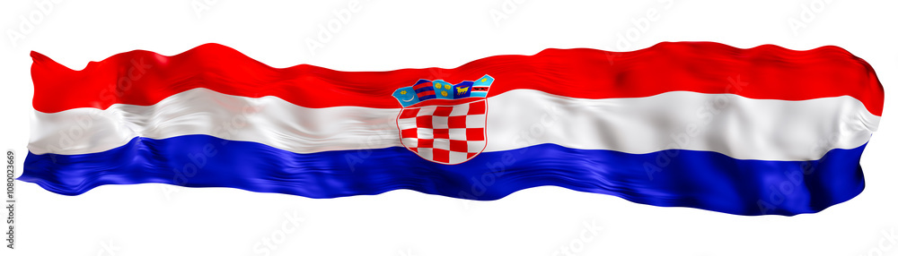 Fototapeta premium Stylized flag of Croatia waving in the wind on transparent background. Footer, header or divider. Cut out wide, panoramic element. Banner for patriotic themes or national event promotions. 3D.