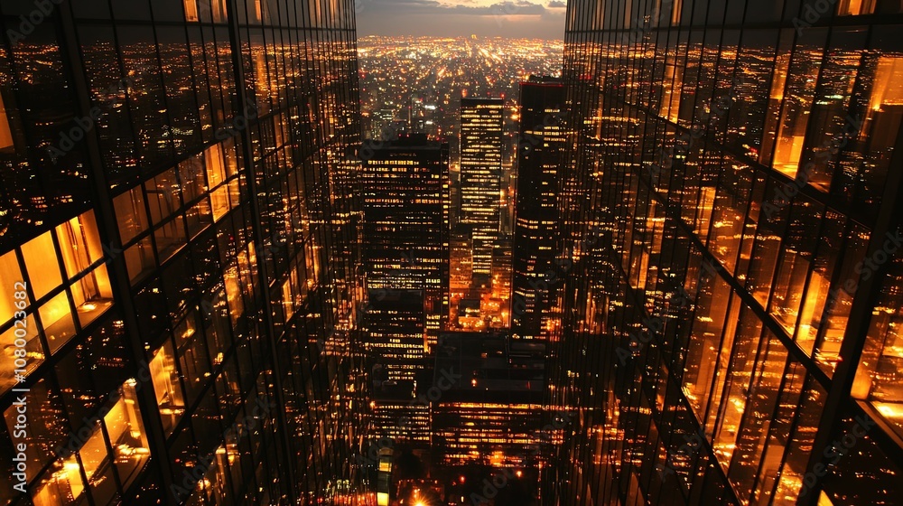 Cityscape Reflected in Glass Windows of Skyscraper at Night Cityscape Reflected in Glass Windows of Skyscraper at Night