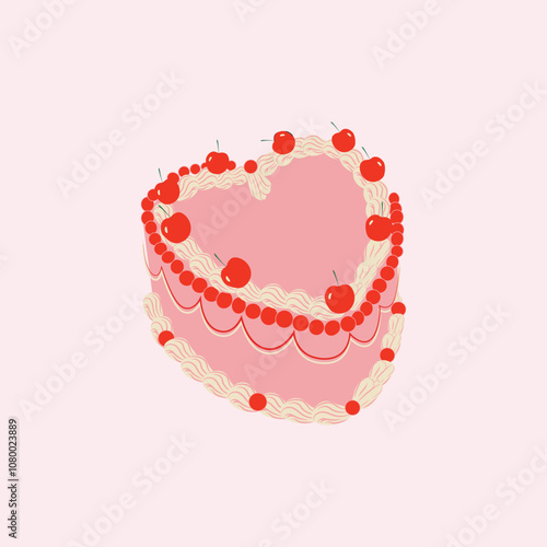Cake illustration , pink and red heart shaped with cherry, birthday cake, vector illustration
